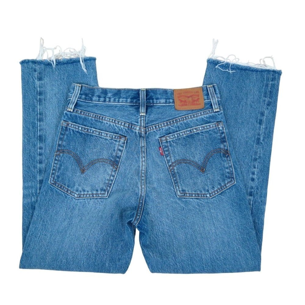 LEVI'S Women's Medium Blue Distressed Button Fly Wedgie Straight Jeans 26